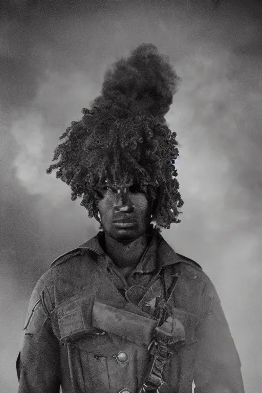 Image similar to portrait of a lost black soldier with long curly hair, with eyes of sorrow standing Infront of a burning building. Realism. V-Ray. 8K. Photography. Sad. Moody. Emotional.