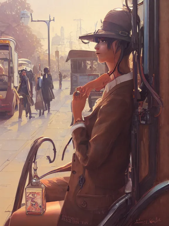 Image similar to an ultradetailed beautiful portrait painting of an female steampunk native inside a bus stop, side view, oil painting, high resolution, by ilya kuvshinov, greg rutkowski and makoto shinkai