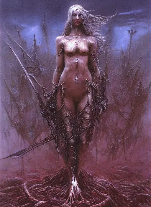 Image similar to warrior princess by Beksinski and Luis Royo