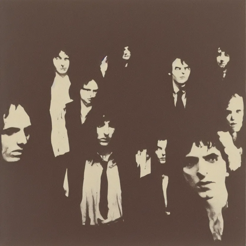 Image similar to a few men standing next to each other in a dark room, an album cover by Syd Barrett, pinterest, mannerism, antichrist, top lighting, 1970s