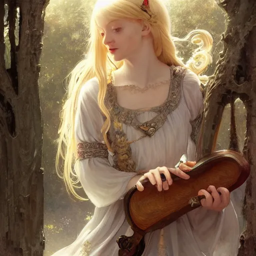 Image similar to elf fairy blond with a beautiful face, holding a lute, wearing a cardigan, highly detailed, intricate, digital painting, artstation, sharp focus, illustration, art by jakub rozalski, greg rutkowski, artgerm, tan zi and ayanamikodon and alphonse mucha and wlop