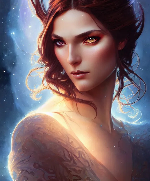 Image similar to fantasy magic woman portrait, sci-fi, amber eyes, face, long hair, fantasy, intricate, elegant, highly detailed, digital painting, artstation, concept art, smooth, sharp focus, illustration, art by artgerm and greg rutkowski and alphonse mucha