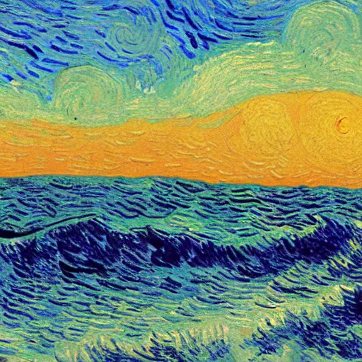 Prompt: sunset over the ocean, Van Gogh style