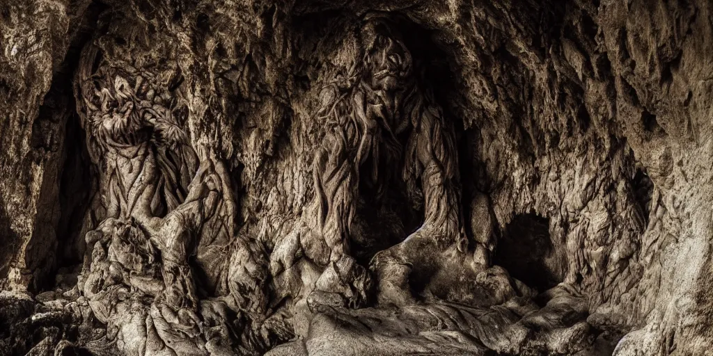 Image similar to a giant cave troll in the style of lord of the rings, 8 k, moody lighting, shallow depth of field,