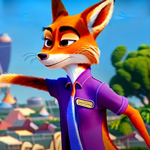 Image similar to Nick Wilde (from Zootopia) wearing a purple uniform