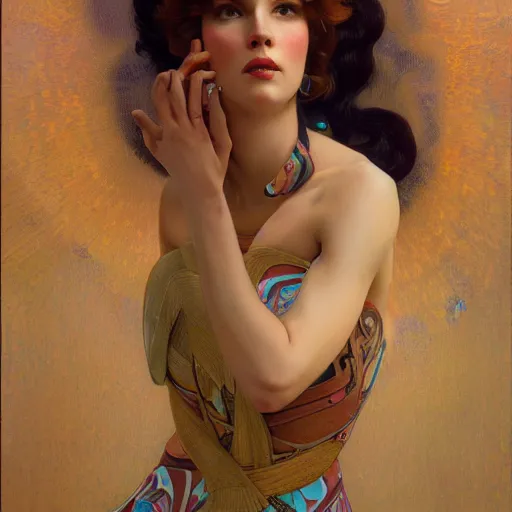 Image similar to modern woman | hyperrealistic | rubenesque | action pose | digital painting | trending on artstation | pinup portrait | clean | illustration | dressed | unreal engine 5 | 8 k resolution | by greg rutkowski alphonse mucha gustav klimt and mel ramos