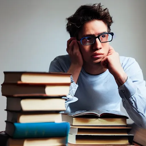 Prompt: the most annoying nerdy nerd of all time adjusting his glasses and saying um, actually | pimples on his face, sitting in front of a pile of books