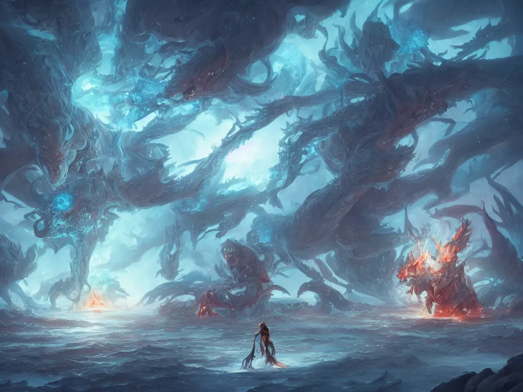 Image similar to huge daragons breathing ice and fire by peter mohrbacher and dan mumford and nekro, cgsociety, volumetric light, 3 d render