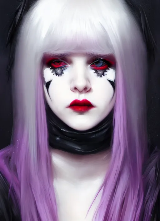 Image similar to portrait of white teenage girl, normal face, white bangs, mall goth, cyberlox, black and white hair, bangs, fluffy bangs, red contact lenses, purple lipstick, intricate, elegant, highly detailed, digital painting, artstation, concept art, sharp focus, smooth, illustration, art by wlop, mars ravelo and greg rutkowski