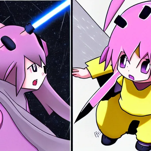 Prompt: anime art, Darth Pikachu versus Jedi Jigglypuff