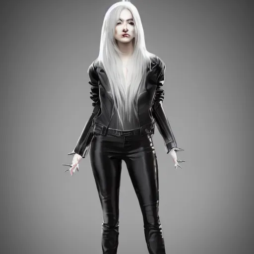 Image similar to a full body portrait of a female wearing a skintight leather jacket long white hair, trending on artstation, artstationhd, artstationhq, full body shot, cycles render, octane render, unreal engine, detailed body, detailed face, artwork by tooth wu and wlop and beeple and greg rutkowski