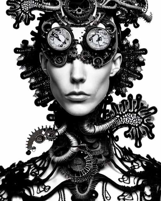 Image similar to surreal black and white photo portrait of complex bio-mechanical beautiful young female vegetal-cyborg with a Mandelbrot fractal steampunk metal fine lace face, a very long neck and a fine metal floral foliage super big lace collar by Alexander McQueen:: smoke, high fashion, haute couture, rococo, steampunk, silver filigree details, anatomical, facial muscles, cable wires, microchip, elegant, dreamy, foggy atmosphere, hyper realistic, 150 mm lens, soft rim light, octane render, unreal engine, picture was taken in 1910 by Man Ray, volumetric lighting, dramatic light,8k,