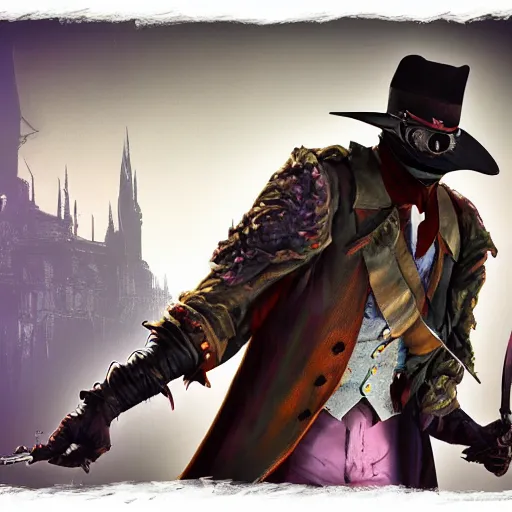 Image similar to a detailed 3 d render of darkwing duck dressed as the hunter from bloodborne, let's get dangerous, in the style animation of darkwing duck, digital art, dark fantasy, concept art, soulslike, by alphonse mucha, blood moon eclipse, wherewolves in a ruined building in the background, artstation, 8 k, unreal engine render