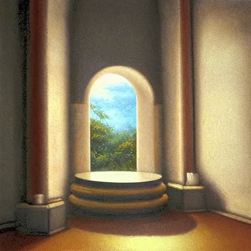 Prompt: still life painting of a room with a balcony. in the center lays an ancient holy artifact, shaped like torus ring, chromed and ornate with gentle iridescent shine from within. the ring lays on top of a pedestal. perspective from the side. realistic light and shadows. moody fantasy art, still life renaissance pastel painting.