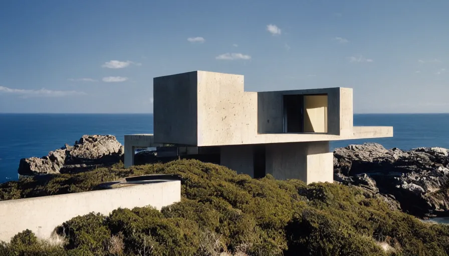 Image similar to coastal perched on a cliff overlooking a magnificient bay, brutalism architecture, drawing architecture, pritzker architecture prize, greig fraser