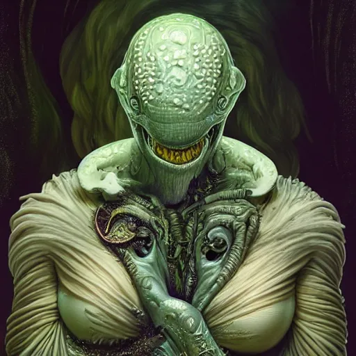 Image similar to portrait of a bloodied ornate filigreed slime dripping genderless insect alien monster, muscles, rippling, space warping and twisting, ultra realistic, concept art, intricate details, eerie, highly detailed, photorealistic, octane render, 8 k, unreal engine. art by artgerm and greg rutkowski and alphonse mucha