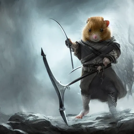 Image similar to lord of the rings warrior hamster concept art, 4 k, 8 k, trending on artstation, cgsociety, in the style of greg rutkowski, wlop,