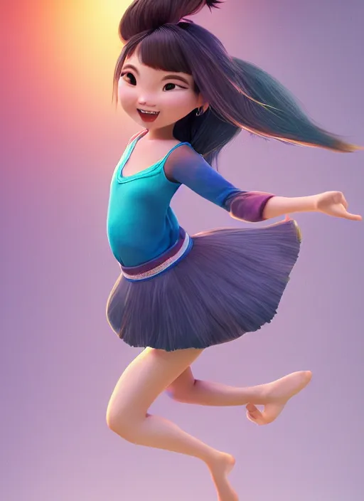 Image similar to a cute asian girl dancing, flowing hair in the style of pixar animation, full body shot, viewed from bellow, award winning, hyper detailed, studio lighting, artstation, octane renderer, unreal engine