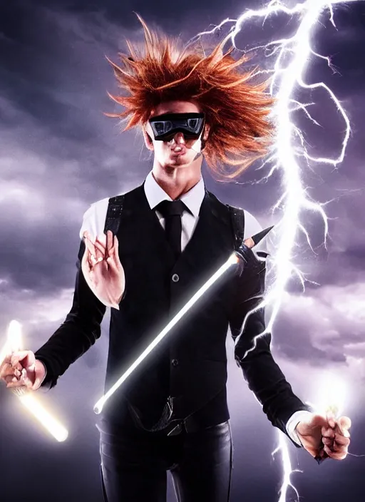 Image similar to photorealistic young man with red spiked long hair, using googles. Wearing black waistcoat, white shirt. rockstar. dynamic lightning. rpg portrait