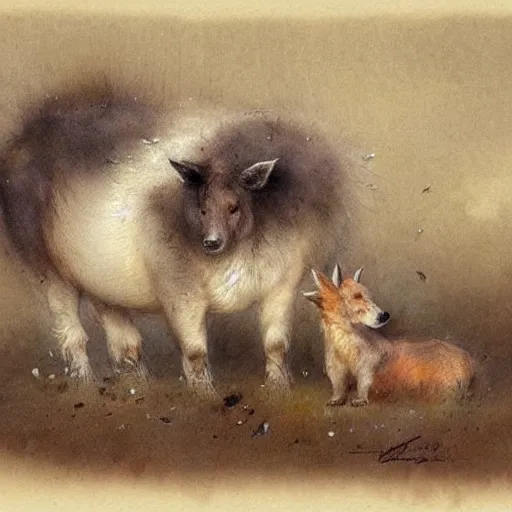 Prompt: ( ( ( ( ( 🐃🦊🐷🦄🐩. muted colors. ) ) ) ) ) by jean - baptiste monge!!!!!!!!!!!!!!!!!!!!!!!!!!!