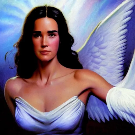 Prompt: frank frazetta portrait of jennifer connelly as angelic light being, full body, 8 k, realistic, photo real, smooth, sharp, intricate detail, hyper detail, dramatic lighting, dramatic shading