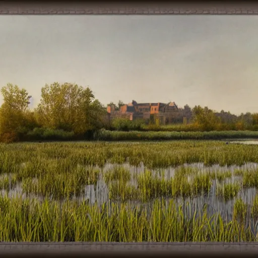Prompt: fortress in a willow grove marsh, realistic, 8k photo, Alan Lee, Bob Ross
