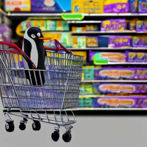 Prompt: highly detailed Penguin going shopping at Walmart, detailed Walmart sign, detailed shopping cart, 4k, Photorealistic, Ray tracing, 8k, studio quality lighting, trending on artstation, birdeye view