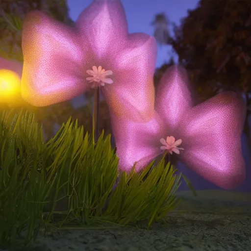 Image similar to Luminescent flower blooming at twilight, realism, photorealism, f 3.5, photography, octane render, highly detailed, vray, volumetric lighting, unreal engine