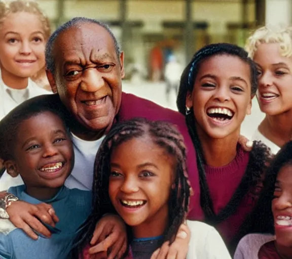 Prompt: color film still of actor Bill Cosby with an evil grin and licking lips while surrounded by a group of young beautiful women laughing at the mall in the year 2020