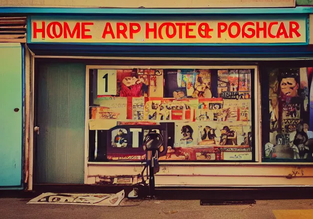 Image similar to home photography portrait, the shop next to SHOME, street, signboards , poster ; summer, Color VHS picture quality with mixed noise