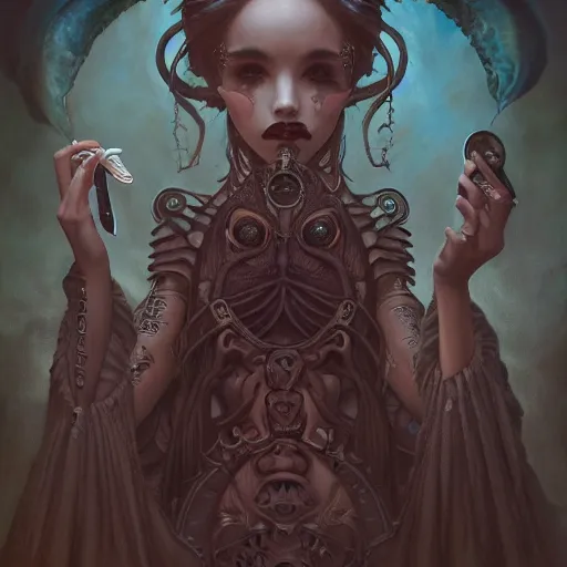 Image similar to tom bagshaw, curiosities in lovecraftian world, beautiful asian mix of dove cameron madison beer bella poarch cthulhu in a full dress, gothic makeup, professionally retouched, focus eyes, ultra realistic soft painting, insanely detailed linework, symmetrical accurate intricate features, behance, 8 k