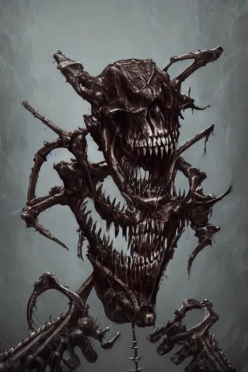 Prompt: failed experiment [ morbidly metallic creature with bones and teeth ]!!, trending on artstation, by anton nazarenko!!, contest winner, horror art, concept art, character design, creature design!!, dark lighting, photorealism