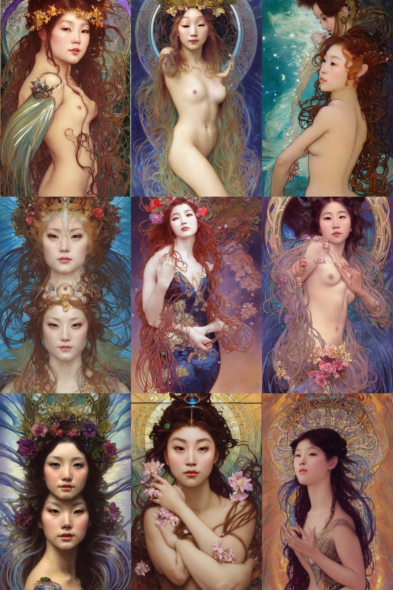 Prompt: stunning, breathtaking, awe-inspiring award-winning realistic concept art face portrait painting of mermaid Ashley Liao as a goddess of lasers, sparks, by Alphonse Mucha, Ayami Kojima, Amano, Charlie Bowater, Karol Bak, Greg Hildebrandt, Jean Delville, Mark Brooks, Michael Whelan, William Adolphe Bouguereau, John Williams Waterhouse, and Donato Giancola, Art Nouveau, Neo-Gothic, gothic, rich deep colors, cyberpunk, extremely moody lighting, glowing light and shadow, atmospheric, shadowy, cinematic, 8K