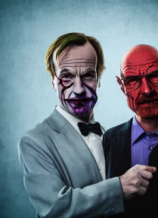 Prompt: portrait of saul goodman and walter white as the joker, absurdist bokeh volumetric light