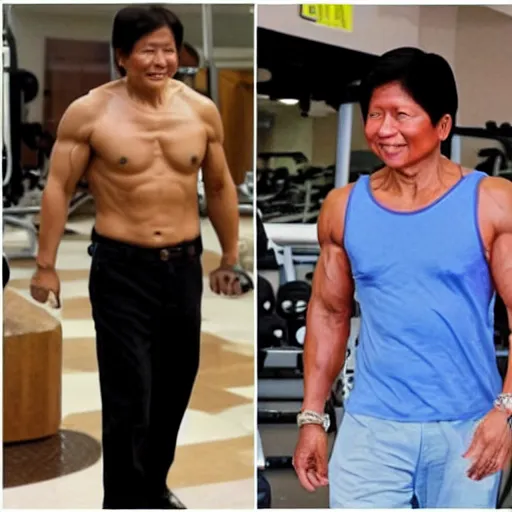 Image similar to bongbong marcos as gigachad flexing at the gym, muscular, on steroids,