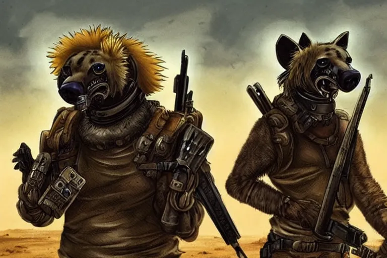 Image similar to a good ol'hyena fursona ( from the furry fandom ), heavily armed and armored facing down armageddon in a dark and gritty version from the makers of mad max : fury road. witness me.