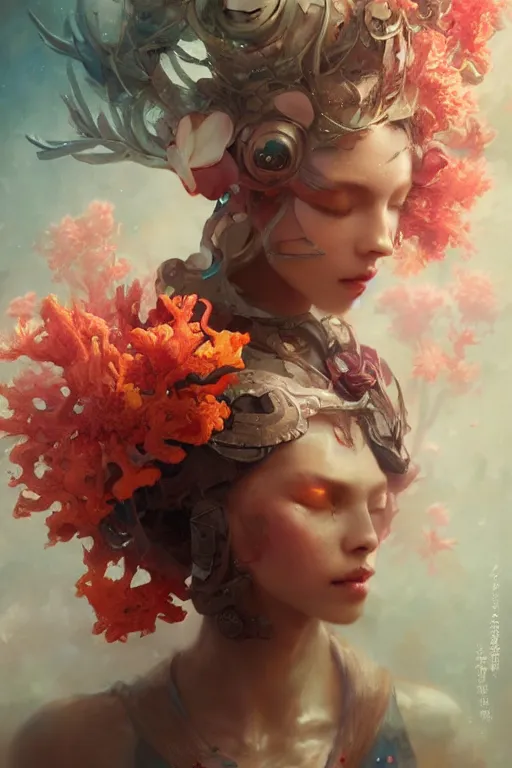 Prompt: a beautiful girl surounded by coral reef and fractal, 3 d render, hyper realistic detailed portrait, holding magic flowers, ruan jia, wlop. scifi, fantasy, hyper detailed, octane render, concept art, by peter mohrbacher, by wlop, by ruan jia