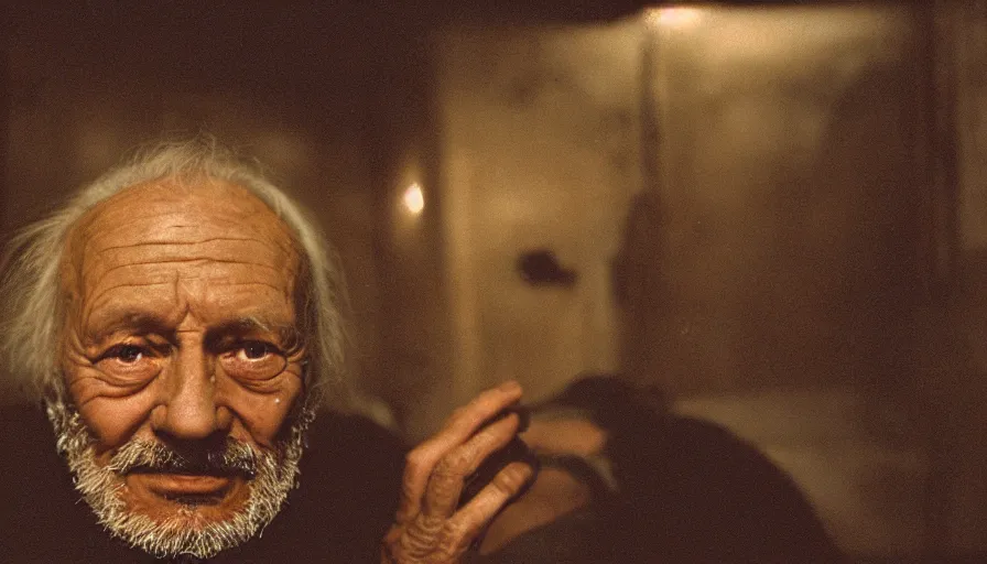 Prompt: movie still by tarkovsky portrait of an old man with trypophobia, cinestill 8 0 0 t 3 5 mm, heavy grain, high quality, high detail