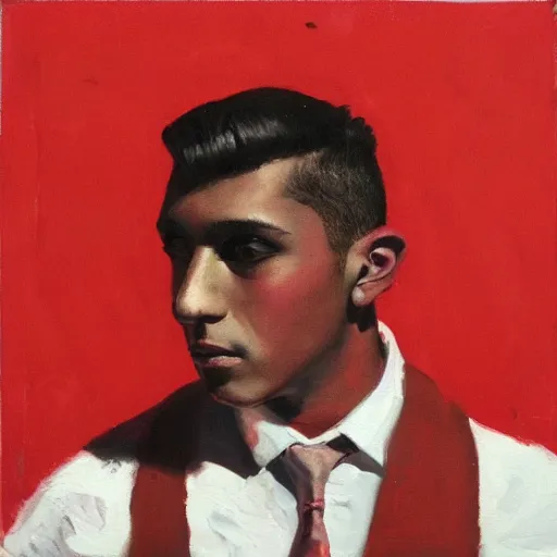 Prompt: a man with short black hair and shaved sides looks over his shoulder into the camera, oil painting, red background, album cover