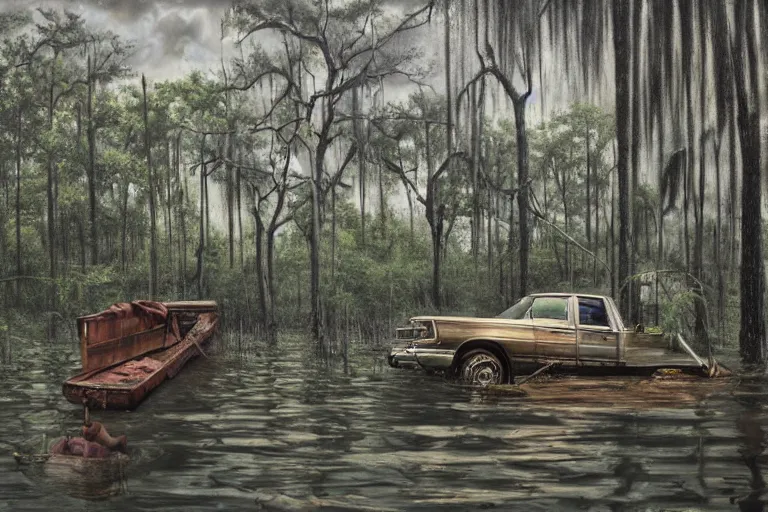 Image similar to hyperrealism oil painting, scene from louisiana swamps, spaceship sank, hemp garden, true detective, artwork 8 0 s japanese sci - fi books art