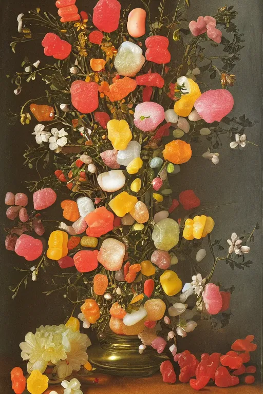 Image similar to still life of a bouquet of soft gummy bears and jelly beans in the shape of different gummy flowers, delicious rubbery transparent translucent squishy gummy sweets, soft gummy light, highly detailed, close up, northern renaissance