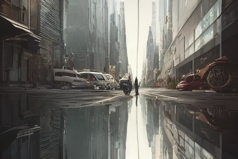 Image similar to urban street bended and transformed like in inception, highly detailed, photorealistic, reflections, smooth, sharp focus, concept art, illustration, beautiful, geometric, trending on artstation, cinematic, featured on behance , artwork by WLOP and Tran, Ross