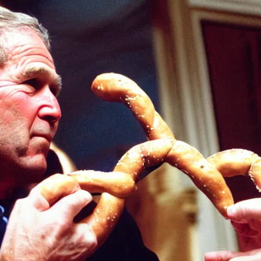 Prompt: George W. Bush closely examining a pretzel. Nefarious, uneasy, worried, concerned. CineStill.