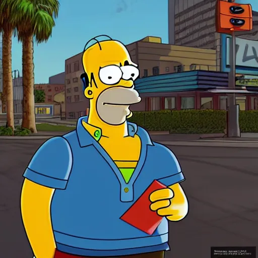 Image similar to Homer Simpson in GTA V, cover art by Stephen Bliss, artstation, no text