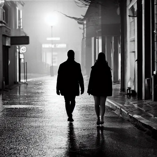 Image similar to A dramatic portrait of a couple wearing yellow rain coat , walking in a black and white street . Cinematic lighting