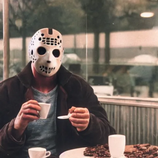 Image similar to photograph of jason voorhees having a coffee at an european caffé