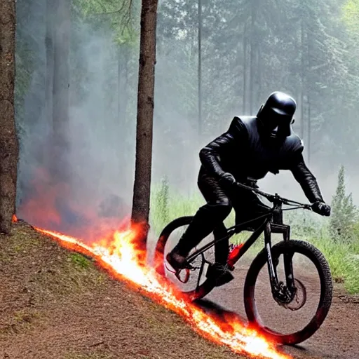 Image similar to darth vader ist riding a mountainbike fast through a burning forrest