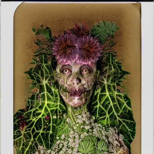 Image similar to a beautiful detailed front view portrait of a rotten woman corpse with fractal plants and fractal flowers growing around, volumetric light, beautiful lit, polaroid photography