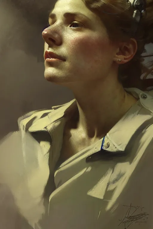 Image similar to hyperrealist portrait of a ww 2 female nurse by jeremy mann and alphonse mucha, fantasy art, photo realistic, dynamic lighting, artstation, poster, volumetric lighting, very detailed faces, 4 k, award winning