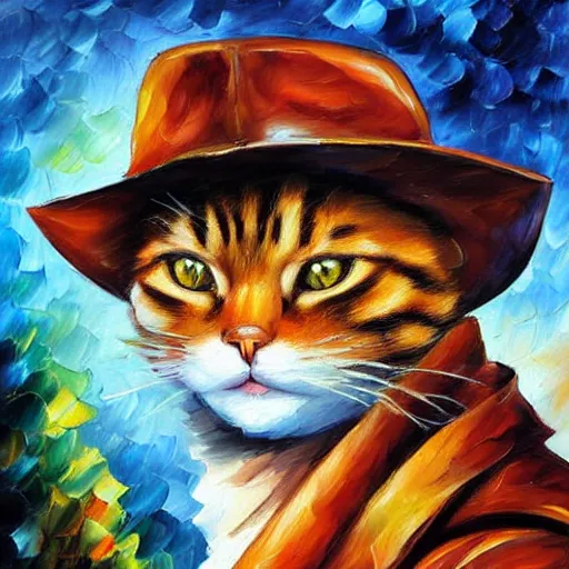 Image similar to portrait painting of a cat as an explorer like Indiana Jones, leather hat by Leonid Afremov